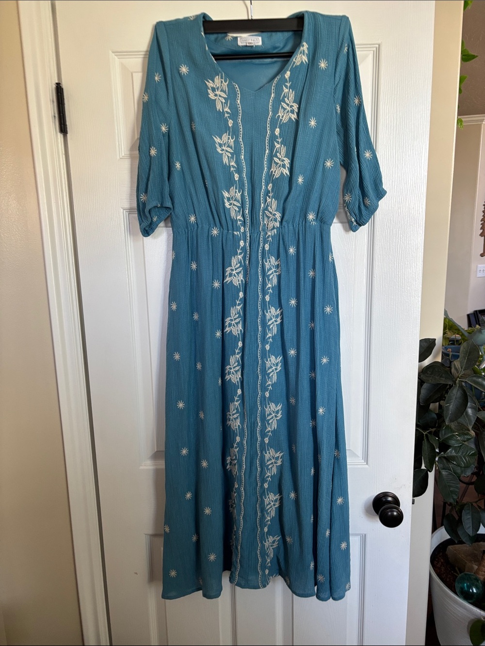 Embroidered Teal Maxi Dress with Cinched Waist